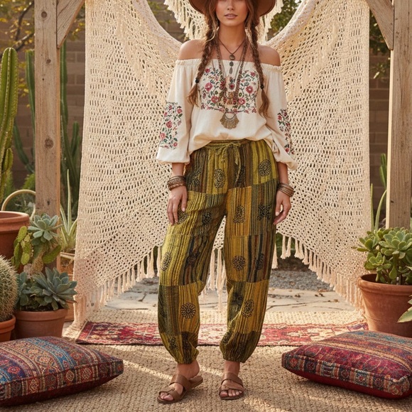 NEW CottonPatchwork Boho Harem Jogger Pants - Picture 13 of 13